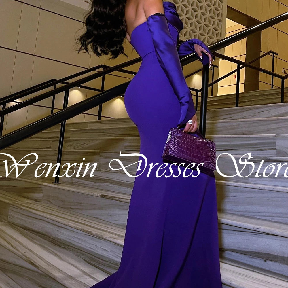 Formal Purple Jersey Mermaid Detachable Sleeve Evening Dress Sweep Train Strapless Pleats Zipper Back Long Sleeves Flo