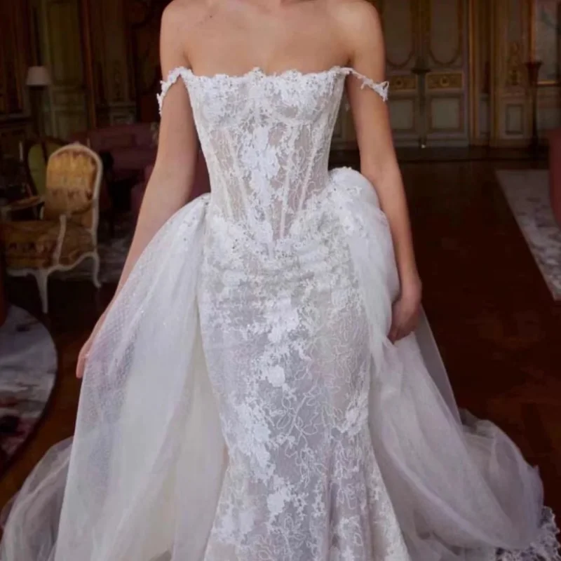 Luxury Fishtail Dress Elegant Church Train Wedding Dress Off Shoulder Wedding Dress Lace Wedding Dress