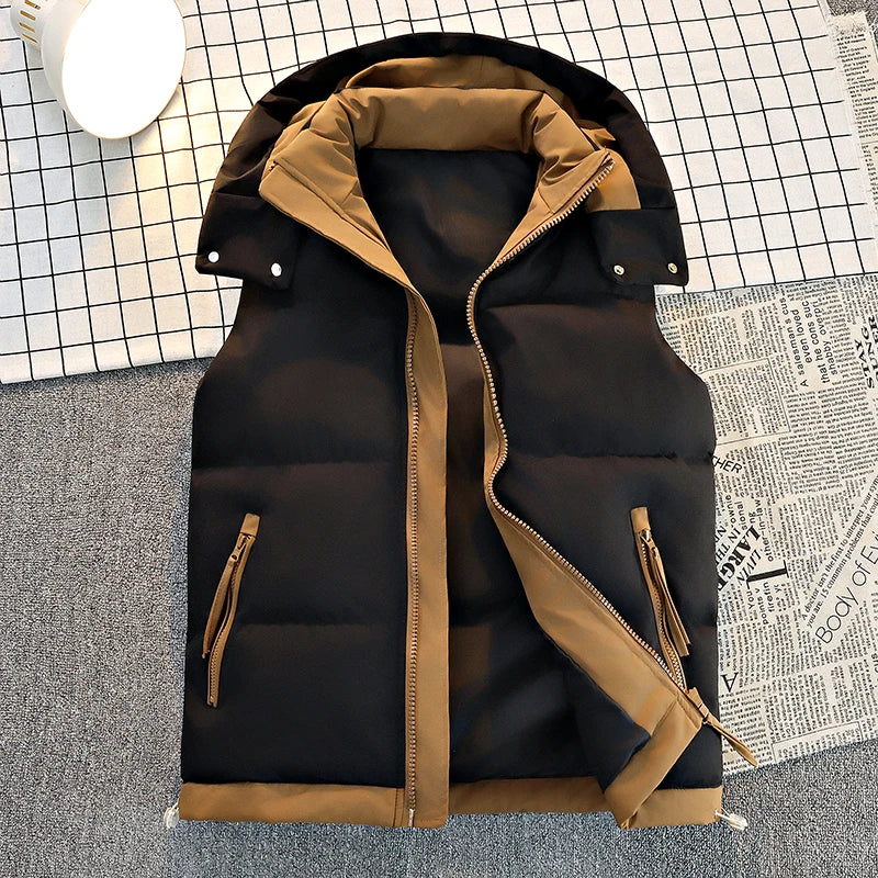 Men's Color-Block Puffer Vest with Removable Hood - Zip Closure & Flap Pockets, Water-Resistant Warm for Winter Casual Outfits