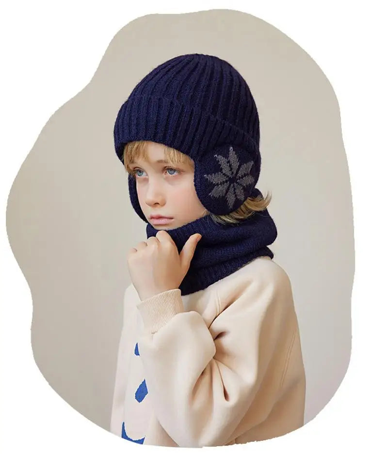 2Pcs Knitted Children Winter Hat Scarf Fleece Lining Ears Protection Kids Beanie Hats Neck Warmer Warm Child Boy Cap 4-10Y