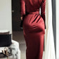 Elegant Satin Long Sleeve V-Neck Gown with Waist Belt Ankle-Length Dress Polished Autumn New Style Cross-Border Dress