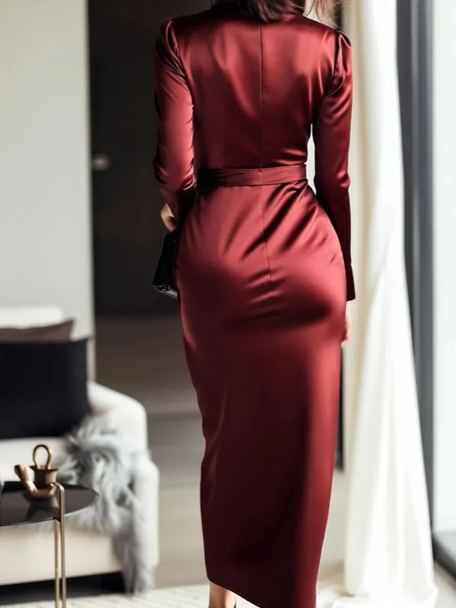 Elegant Satin Long Sleeve V-Neck Gown with Waist Belt Ankle-Length Dress Polished Autumn New Style Cross-Border Dress