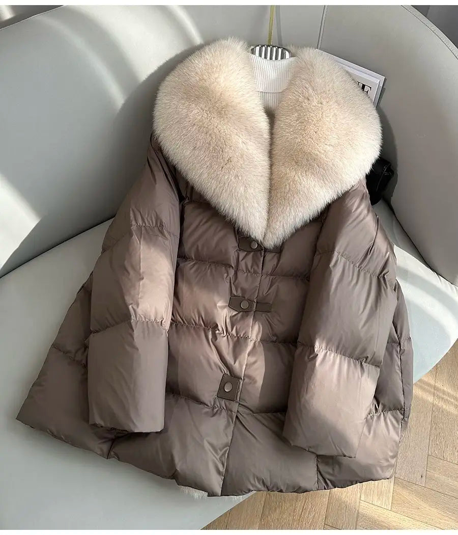 2025 Winter New Mid-length Temperament White Goose Puffer Parkas Women Fox Fur Detachable Large Lapel Fur Down Jacket High Qual