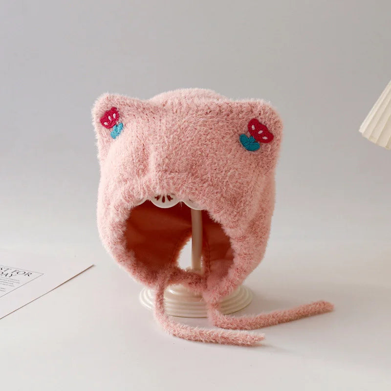 Winter Baby Plush Ear Protection Hat Cute Cherry Toddler Headgear Bonnet Thick Warm Kids Earmuffs Cap 8-36Month Children Beanies