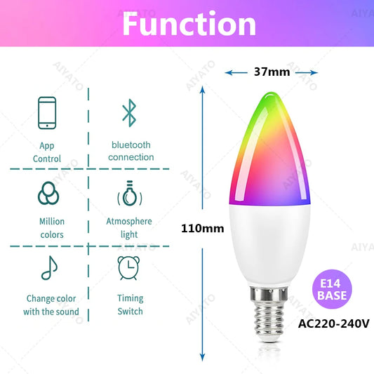 Tuya Bluetooth Smart E14 5W Candle Light Lamps RGBCW 220V Dimming Color Change Atmosphere Group Control Timing Smart Life APP