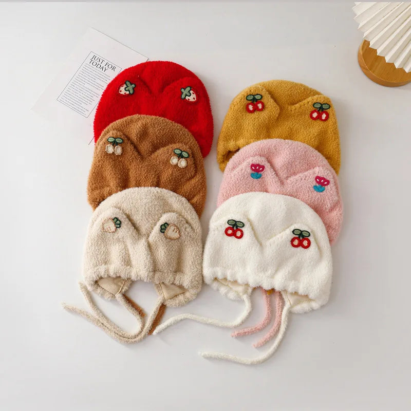 Winter Baby Plush Ear Protection Hat Cute Cherry Toddler Headgear Bonnet Thick Warm Kids Earmuffs Cap 8-36Month Children Beanies