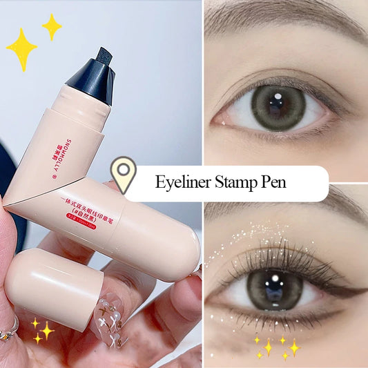Double Ended Seal Eyeliner Waterproof, Long-lasting and Sweat-proof Eyeliner Stamp Pen Natural Black Quick-drying Lazy Eye Liner