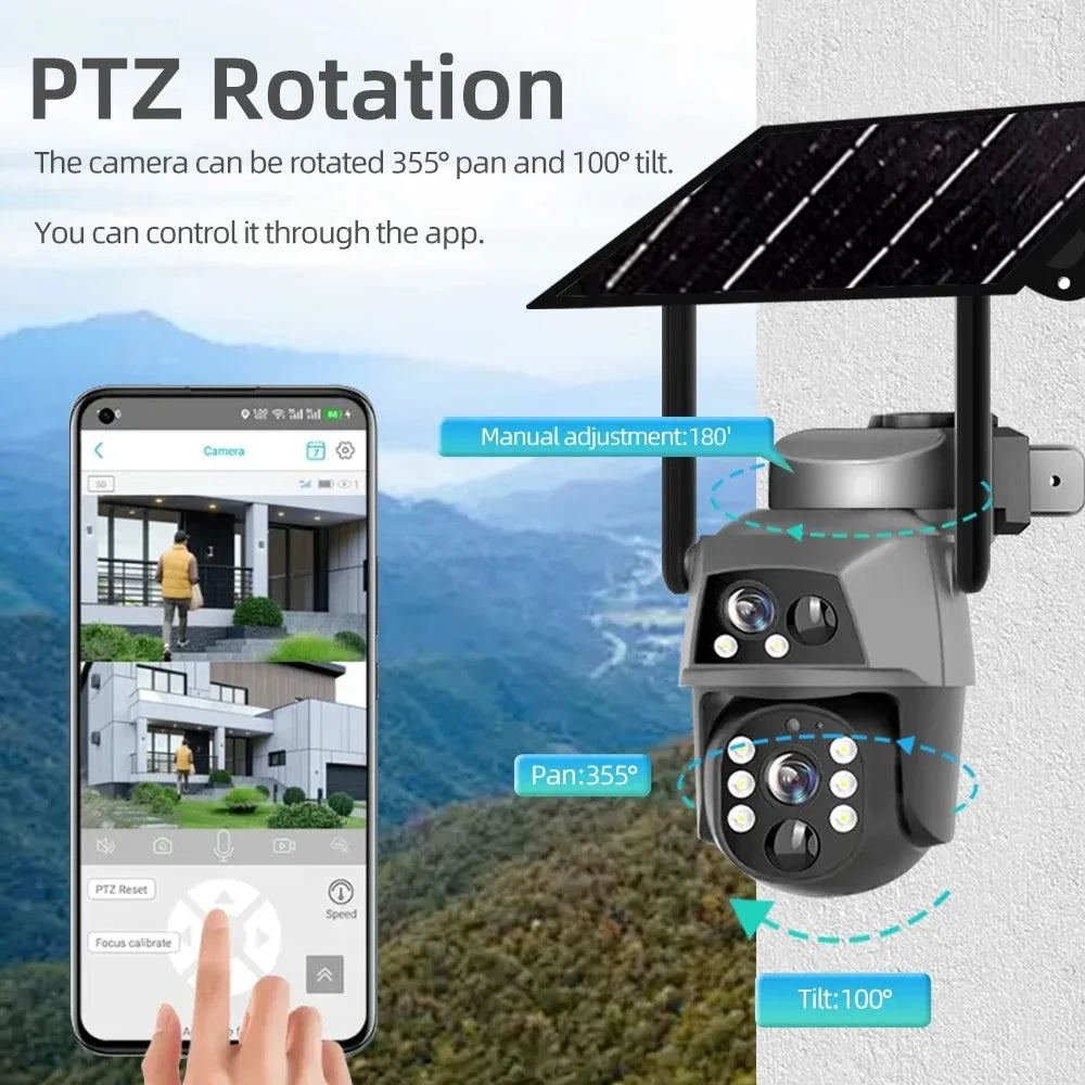 4G Solar Camera Outdoor Dual Lens 8MP 4K WiFi PTZ IP Security Camara With Solar Panel CCTV Built in Battery Auto Tracking Cam
