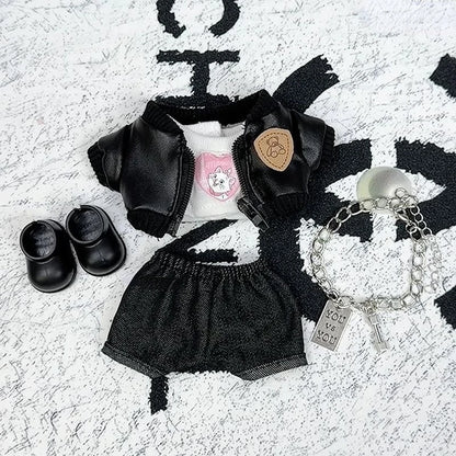 Labubu 1-3 Gen Doll Outfits High-Energy Themed Black Jacket Pants Necklace & Glasses SetChangeable Clothes for Labubu 3.0