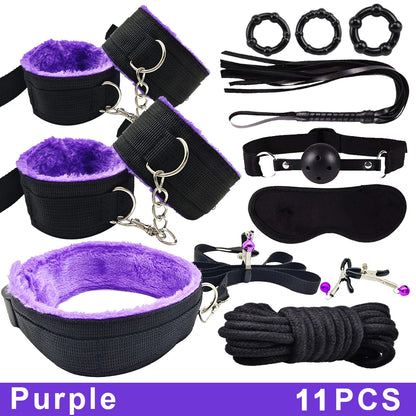 Exotic Bed Bondage Set BDSM Kits Exotic Sex Toys For Adults Games Leather Handcuffs Whip Gag Nipple Clamps Women Sex Products