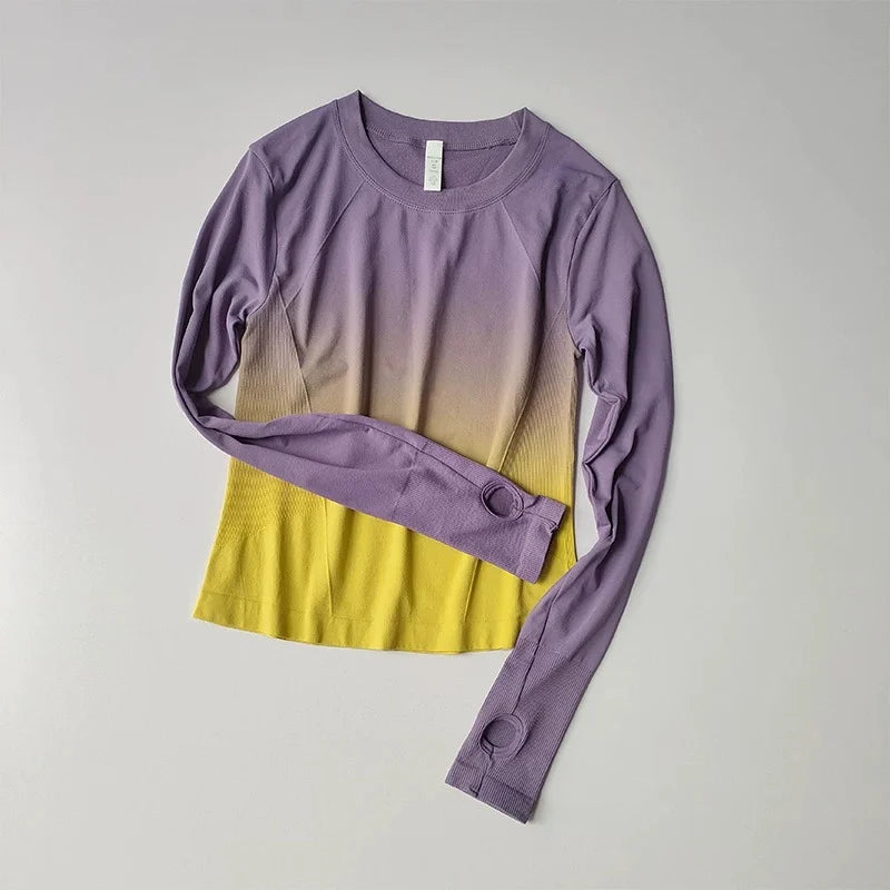 Gradient Fashionable Slimming Sports T-Shirt Fitness Top for Women Tight Quick-Dry Long-Sleeve Shirt Yoga Wear Training Body-Sha