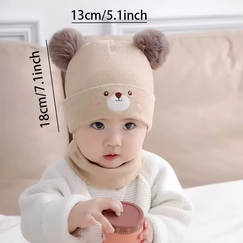 Baby Knitted Hat Set with Embroidered Face and Pom-Poms Hand-Washable Baby Hat and Scarf Set Perfect for Fall and Winter