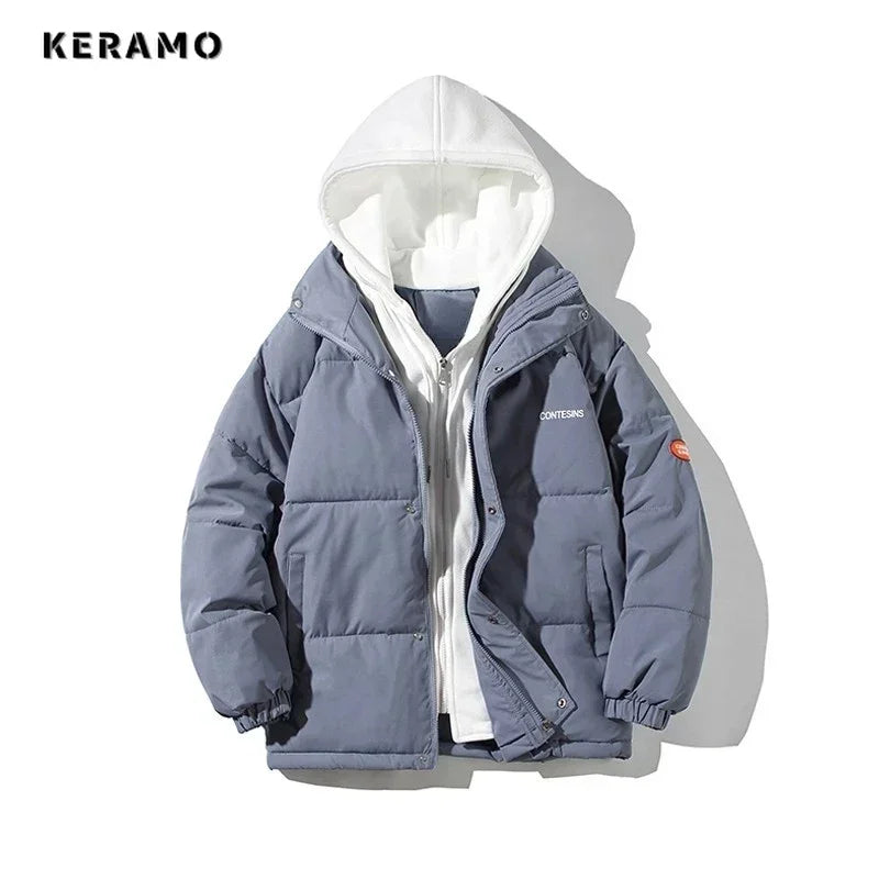 Women Casual All-match Long Sleeve Single Breasted Simple Hooded Parkas 2023 Winter Fake Two Piece Warm Jacket Solid Coat