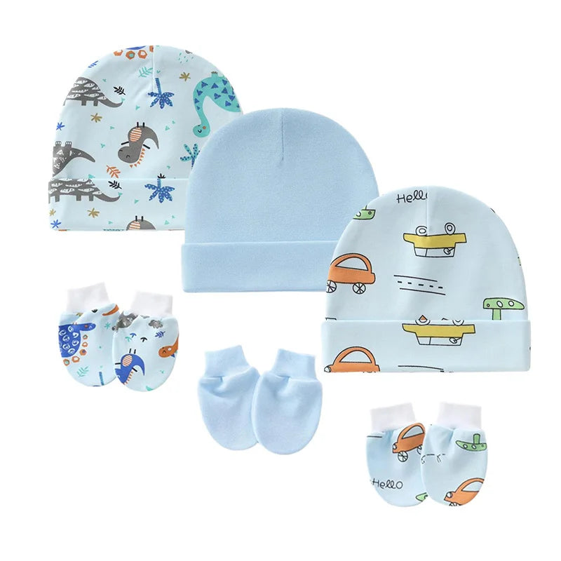 3Set/lot Newborn Baby Hat Gloves Suit Cotton Boys Girls Beanie Hats Cartoon Printed Prevent Face Infant Gloves Shower Gifts