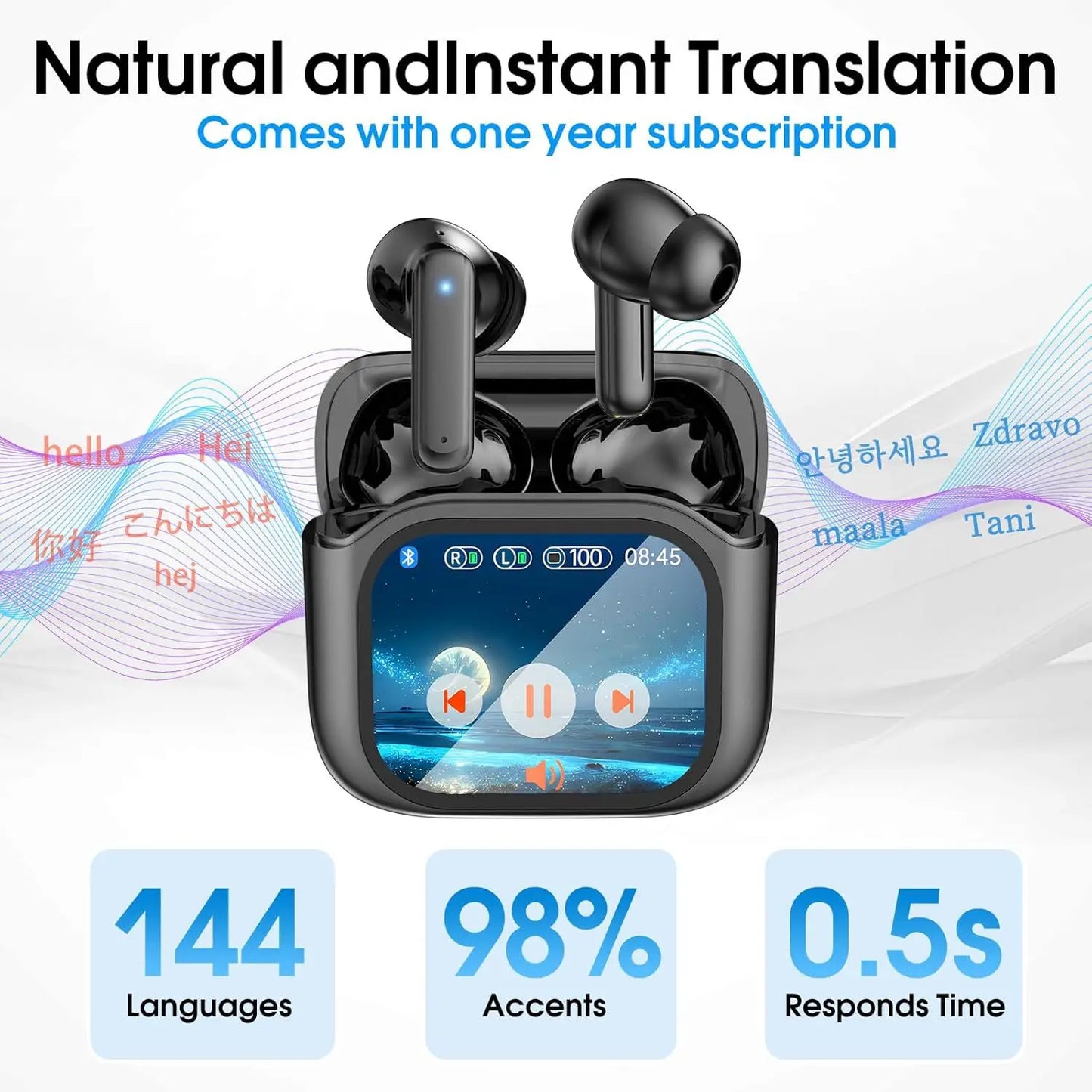 Real Time Translators Bluetooth 5.4 Headphones with Touch Screen 144 Languages Translation Earbuds Noise Cancelling Headset Gift