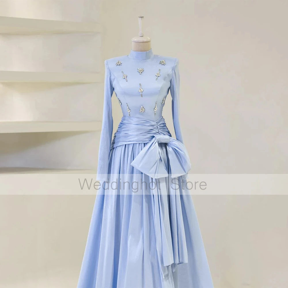 Modest Evening Party Dresses for Women 2025 High Collar Long Sleeves Formal Gowns Long A Line Crystal Bow Wedding Guest Dress