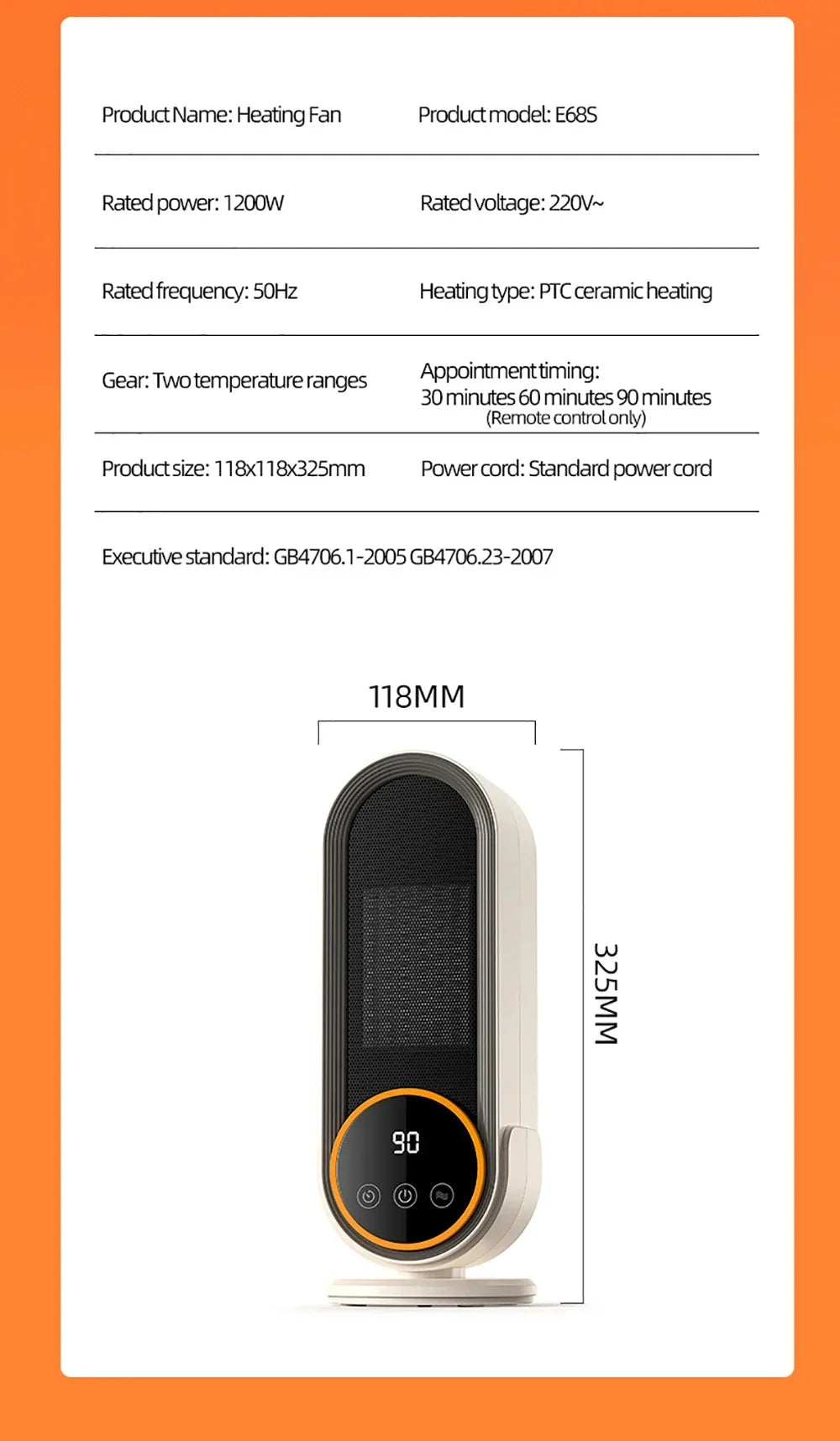 PTC Ceramic Space Heater E68/E68S Desktop Fan Heater 1200W With LED Display Touch/Remote Control Tip-Over Overheat Protection