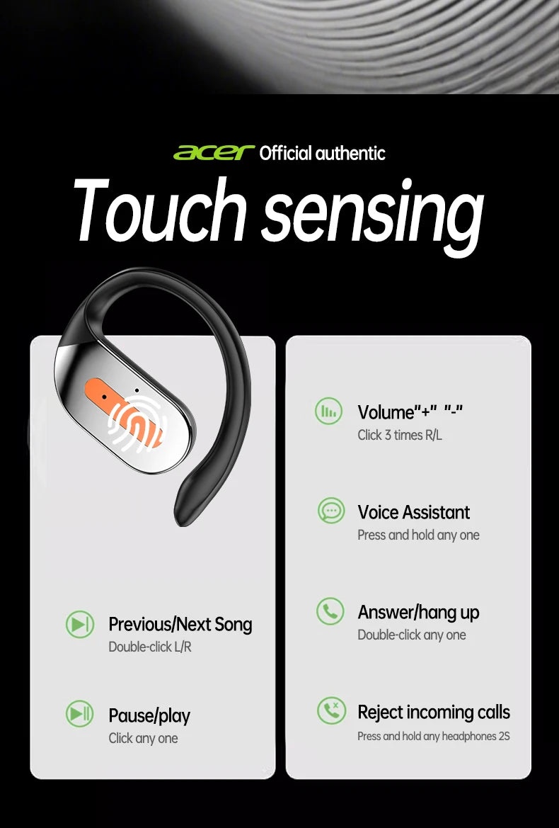 Acer Ohr502 Bluetooth Headset Open Design Wireless Call Noise Reduction Comfortable Wearing Sports Running Fitness Compatible with Mobile Phones Tablets Laptops