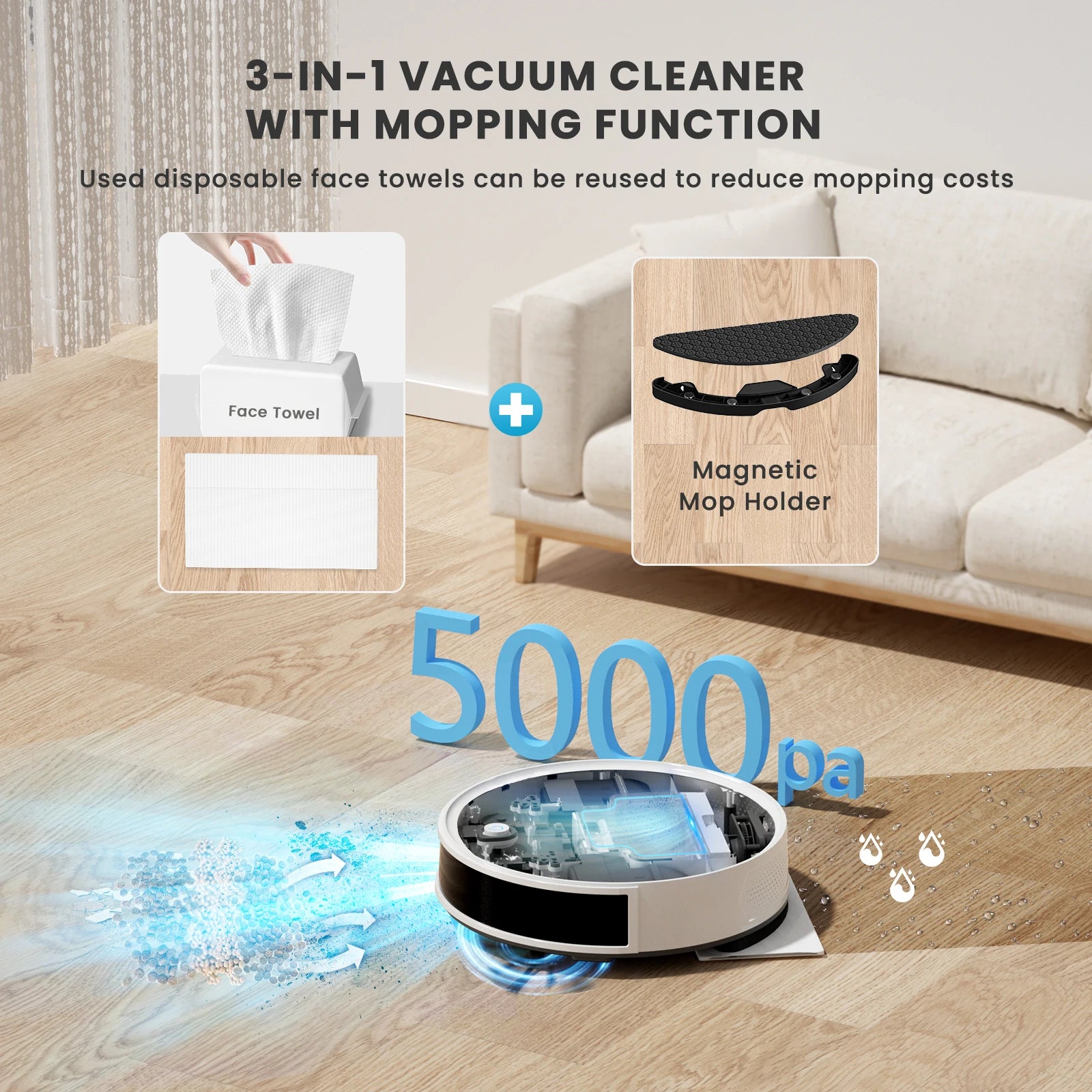 OKP K5P Robot Vacuum Cleaner, 5000Pa, 180 Mins, WiFi/App, Slim Design, Self-Charging, Perfect for Hard Floors, Pet Hair, Carpets
