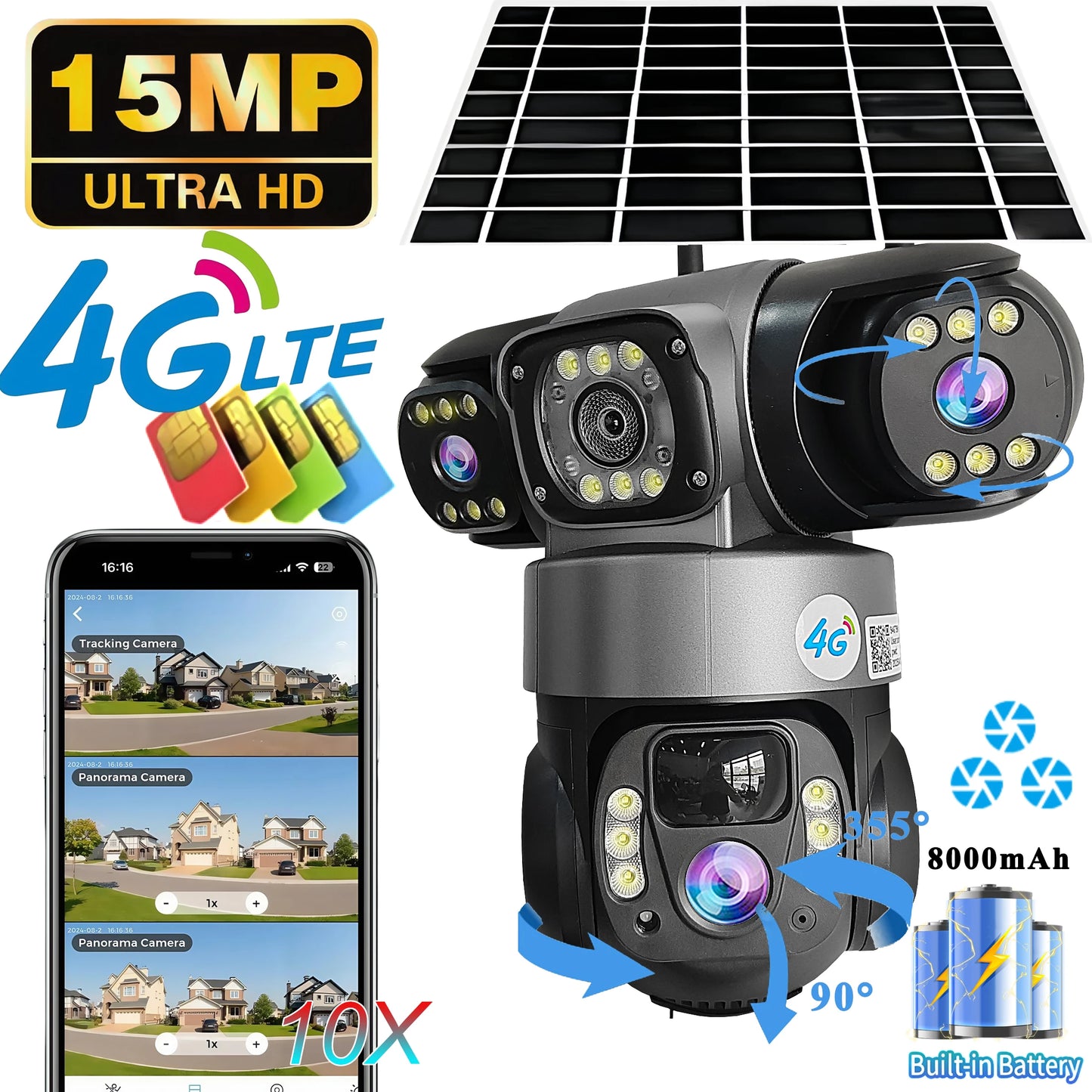 V380 Pro 3 Lens  IP Solar Camera HD 15 MP Outdoor Waterproof CCTV Night Vision Two-Way Audio Camera Mobile Tracking 4G IP Camera