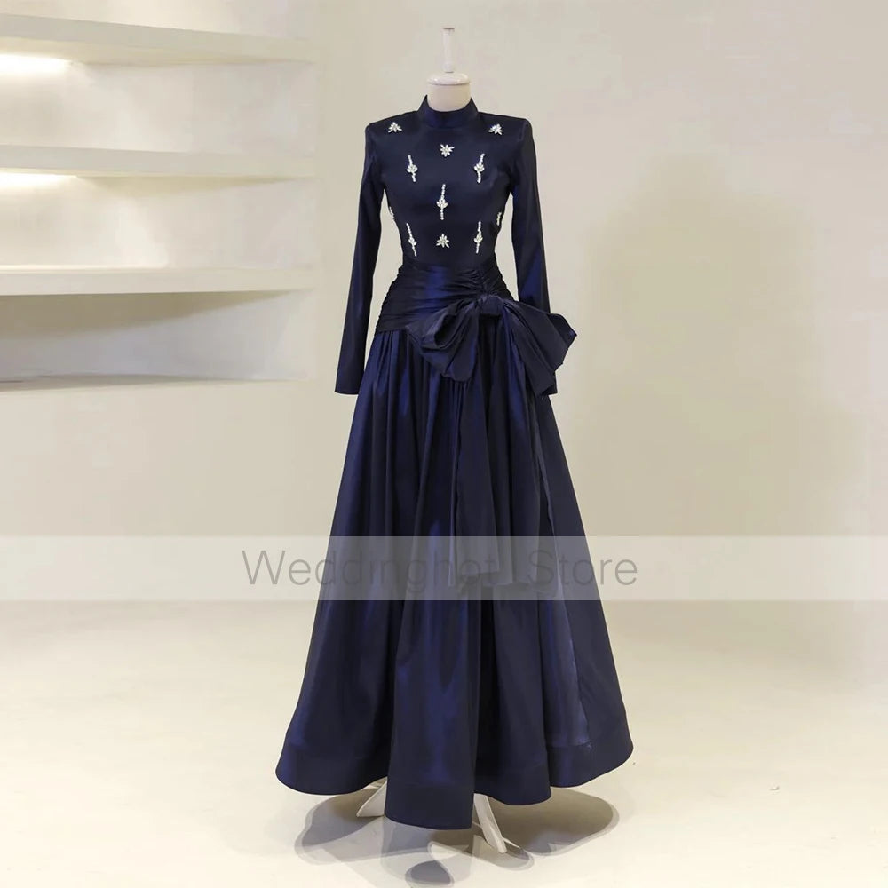 Modest Evening Party Dresses for Women 2025 High Collar Long Sleeves Formal Gowns Long A Line Crystal Bow Wedding Guest Dress