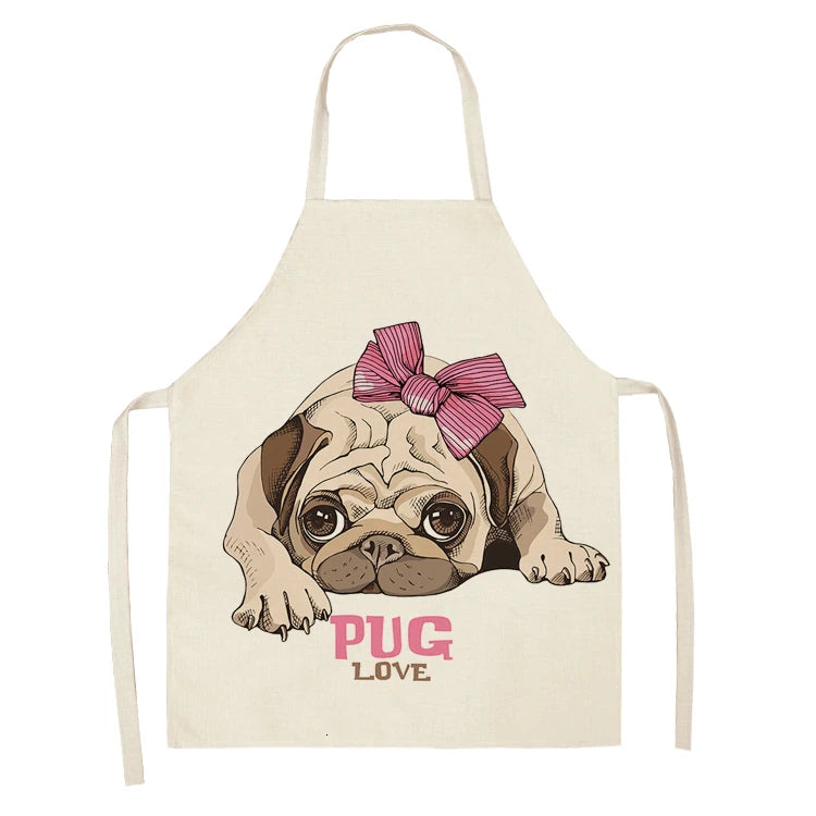 Cute Dog Pug Pattern Cotton Linen Sleeveless Chef Apron Kitchen Aprons Women Home Cooking Baking Waist Bib Pinafore 55x68cm