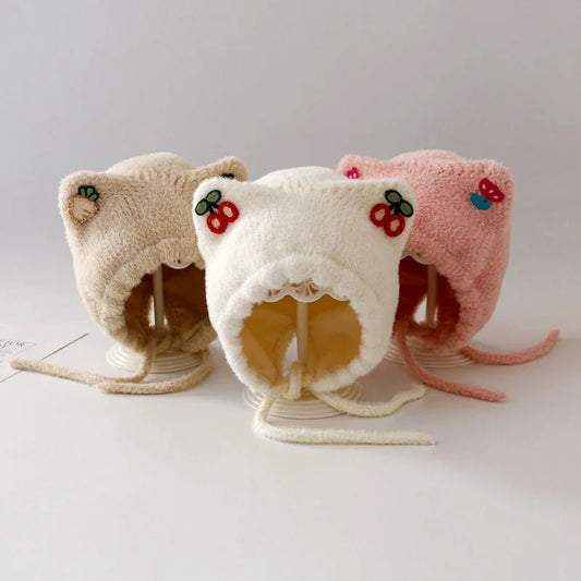 Winter Baby Plush Ear Protection Hat Cute Cherry Toddler Headgear Bonnet Thick Warm Kids Earmuffs Cap 8-36Month Children Beanies