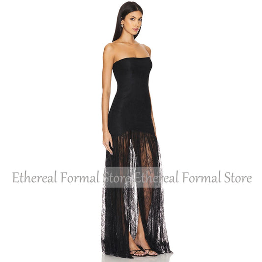 Black Lace Women's Evening Gown Mermaid Strapless Formal Prom Dress Sleeveless Floor Length Ilulsion Party Dress