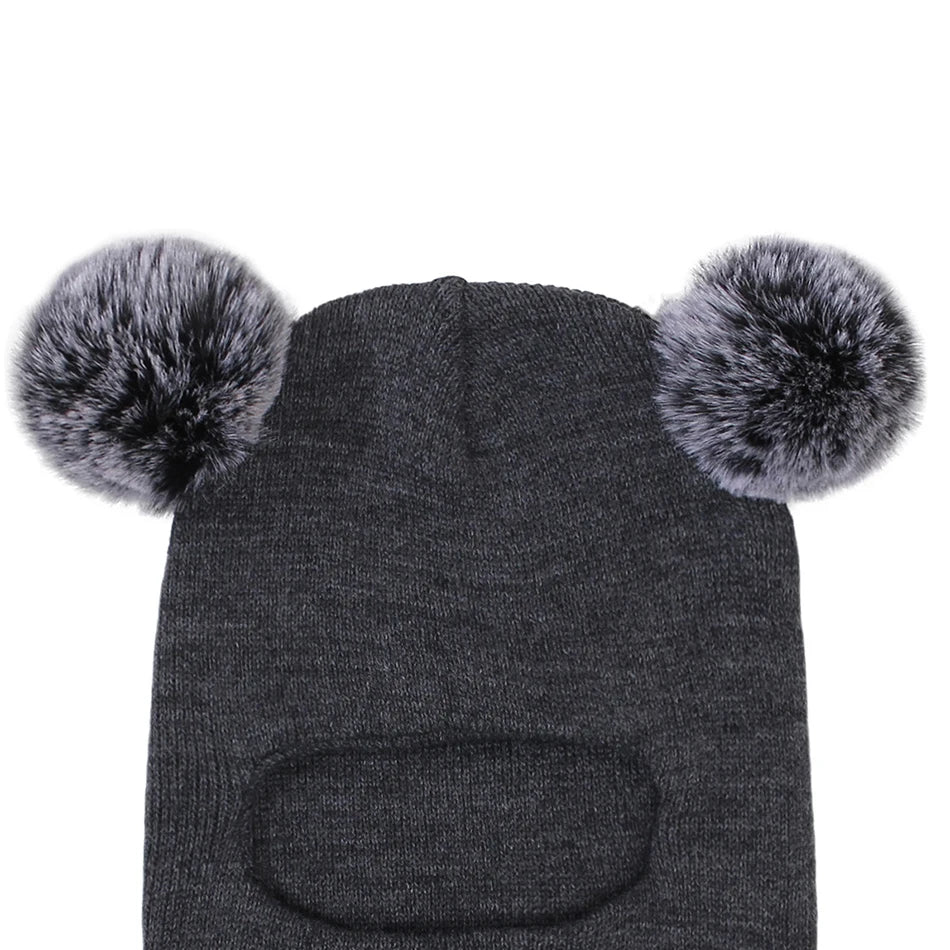 Kids Yarn Knit Balaclava Cap Autumn Winter Pullover Ear Protection Double Ball One-piece Baby Christmas Gift Hat