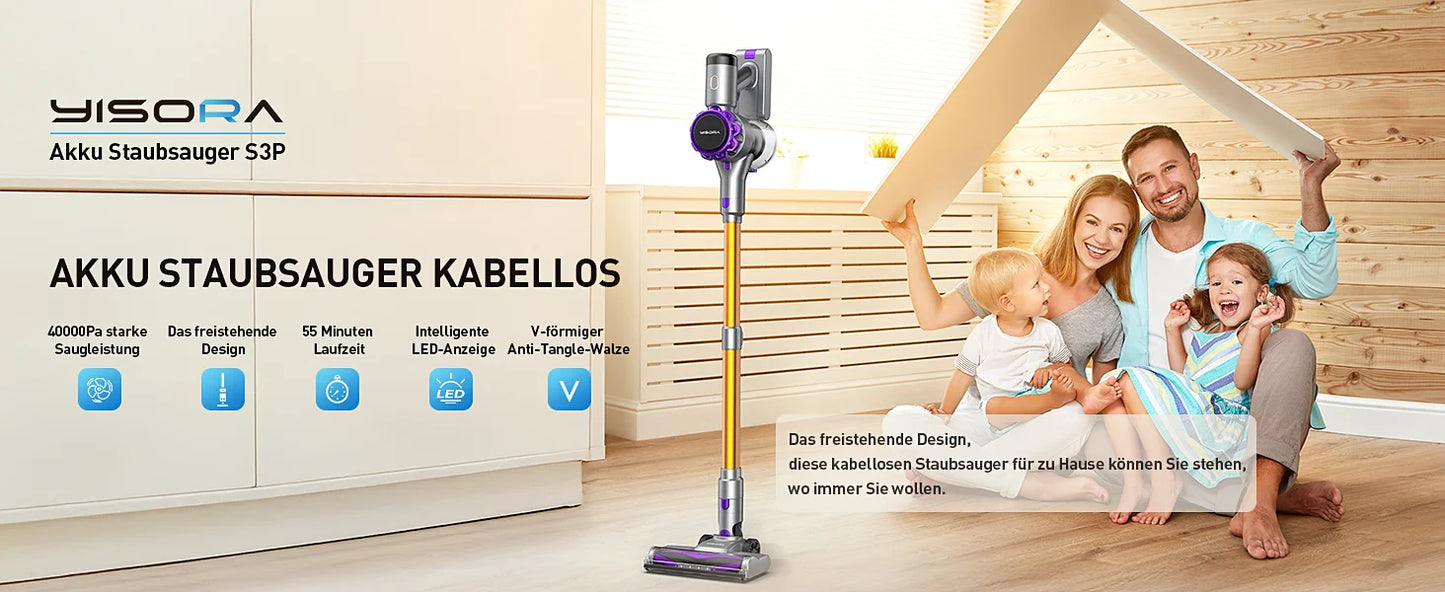 YISORA Cordless Vacuum Cleaner, 30Kpa 55Mins Running Time Wireless Vacuum Cleaner with Touchscreen for Pet Hair, Carpet