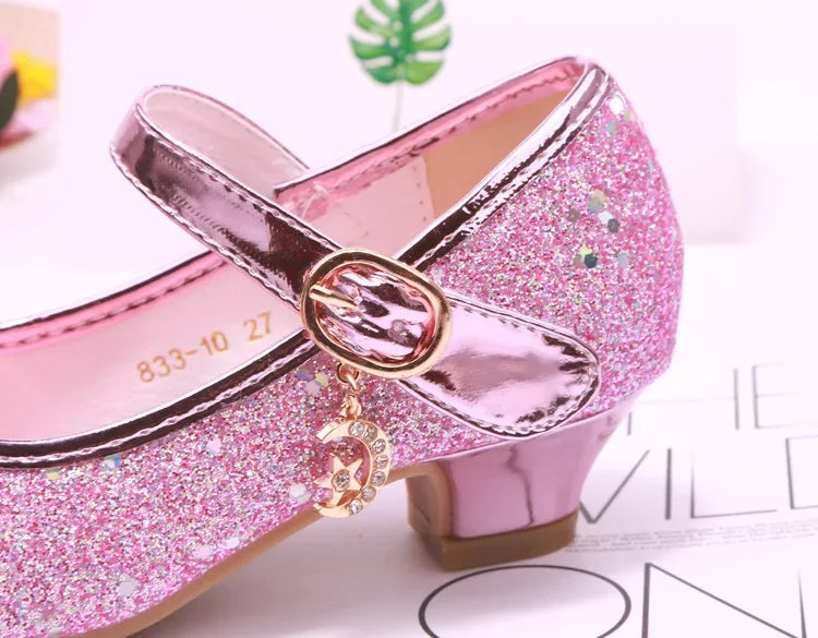 Girls High Heels Children's Leather Shoes Small Children Princess Single Shoes Sequins Students Dance Performance Gift