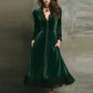 Women's Vintage Gothic Velvet Dress Solid Long Sleeves V Neck Button Lace Trim Midi Dress Pockets Elegant Party Evening Dresses