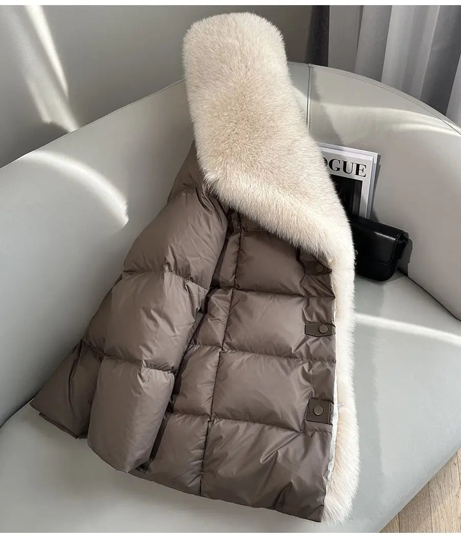 2025 Winter New Mid-length Temperament White Goose Puffer Parkas Women Fox Fur Detachable Large Lapel Fur Down Jacket High Qual