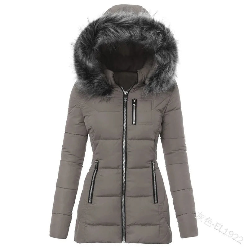 Women Parkas Jacket Cotton Coat Winter Thick Fur Collar Hooded Windproof Padded Jackets Outerwear Zipper Overcoat Office Lady