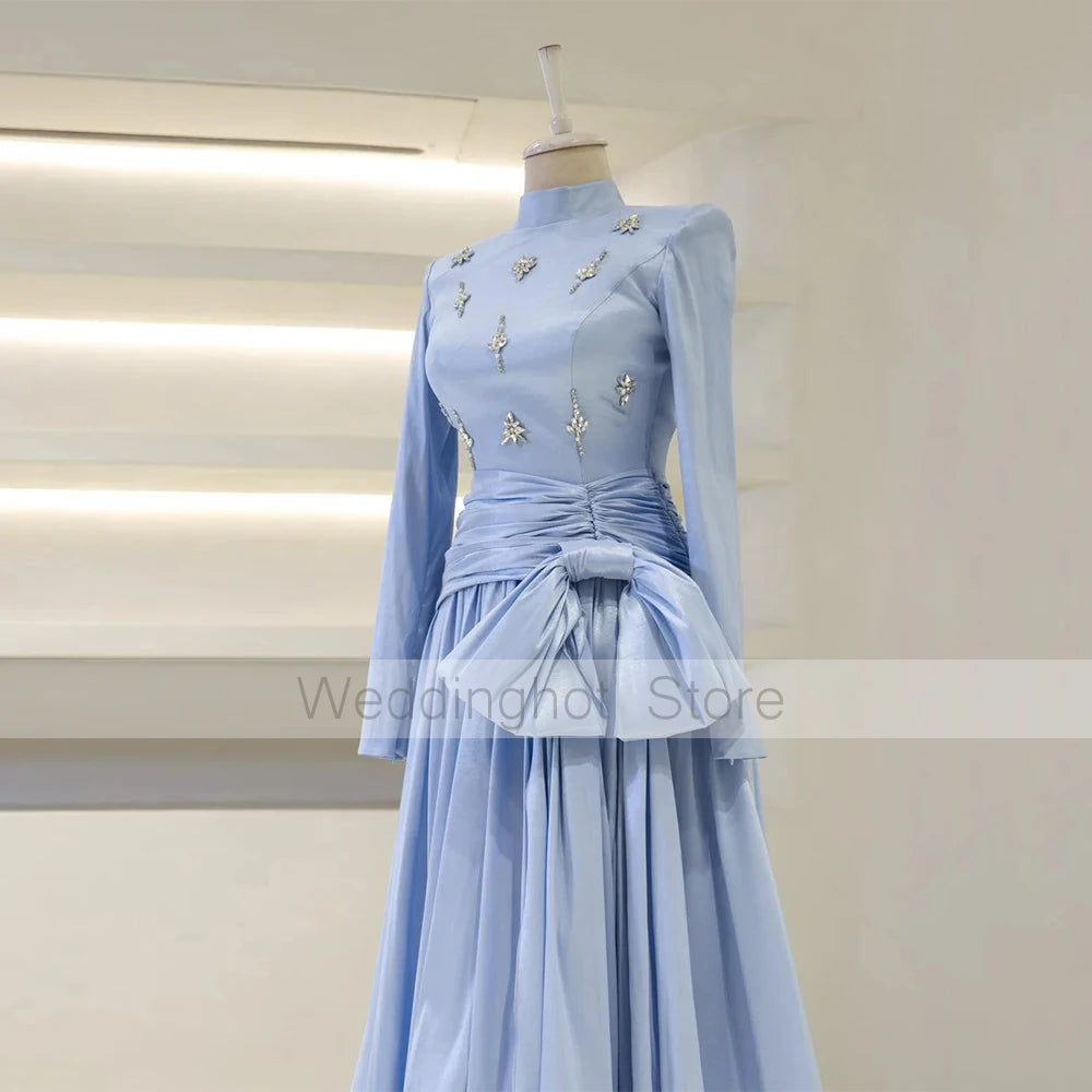 Modest Evening Party Dresses for Women 2025 High Collar Long Sleeves Formal Gowns Long A Line Crystal Bow Wedding Guest Dress