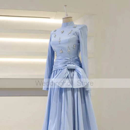Modest Evening Party Dresses for Women 2025 High Collar Long Sleeves Formal Gowns Long A Line Crystal Bow Wedding Guest Dress