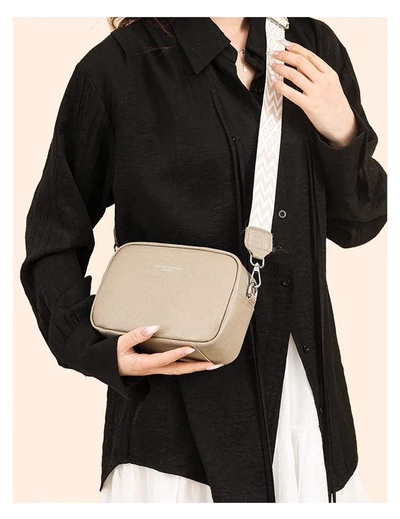 100% Genuine Leather Women Shoulder Bag 2025 New High Quality Cowhide Female Crossbody Bags Wide Shoulder Strap Girls Handbag