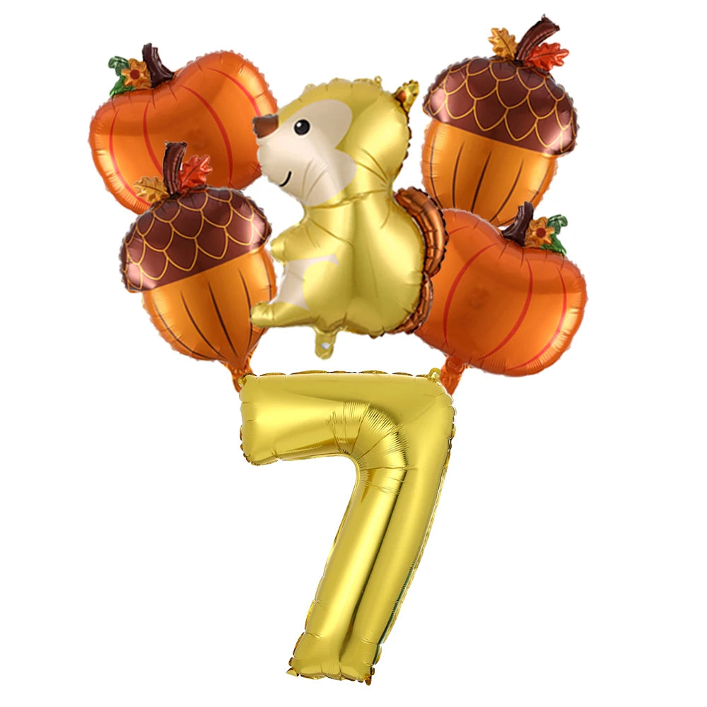 6Pcs Autumn Forest Animals Kids Birthday Party Decoration Squirrel Pine Cone Foil Balloon With 0-9 Number Ball Thanksgiving Gift