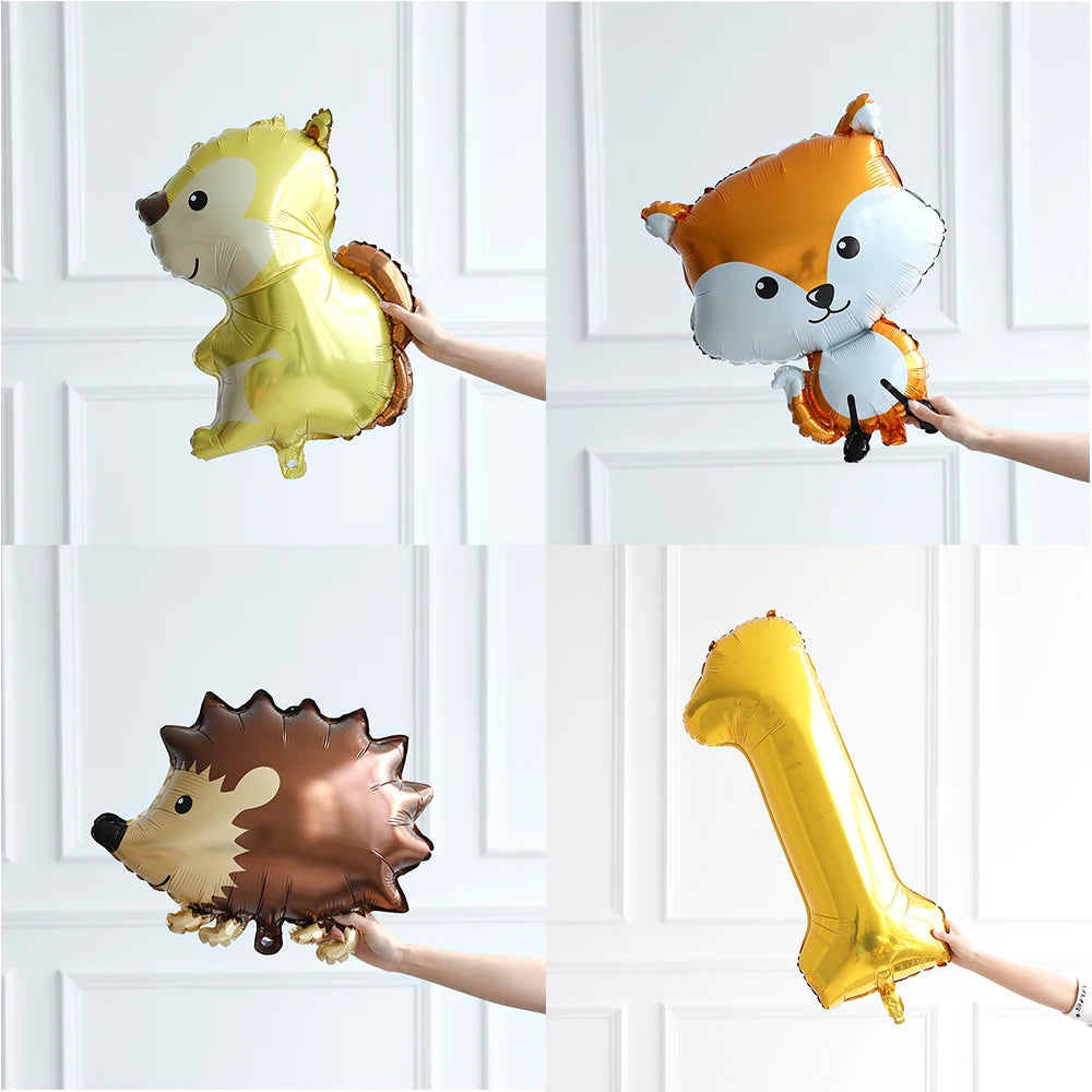6Pcs Autumn Forest Animals Kids Birthday Party Decoration Squirrel Pine Cone Foil Balloon With 0-9 Number Ball Thanksgiving Gift