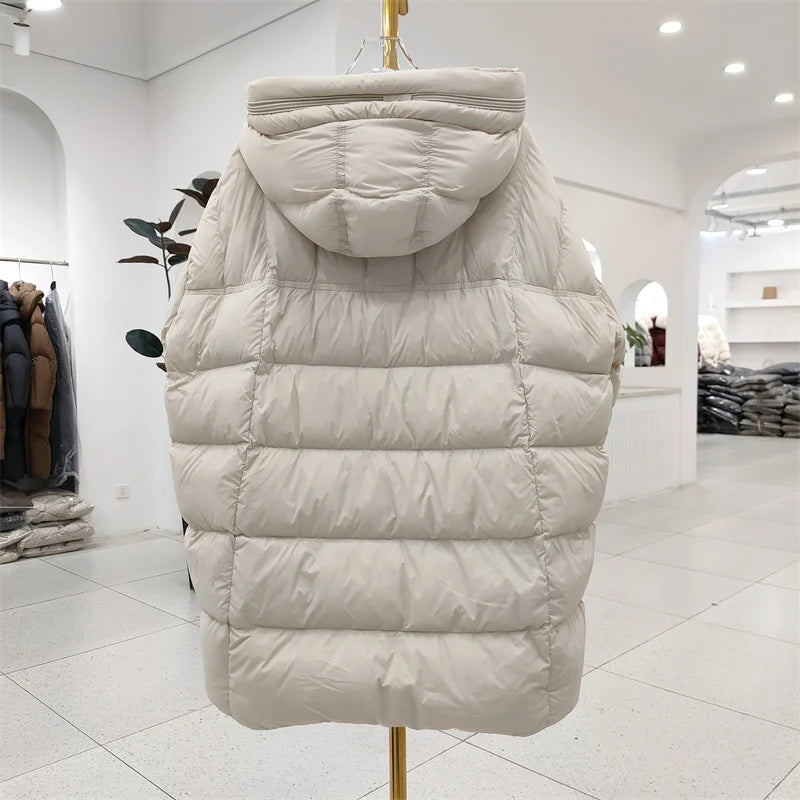 Winter Hooded Warm Mid Length Down Jacket Female Double Zipper Solid Parker Outwears Women 90% White Duck Down Loose Down Jacket