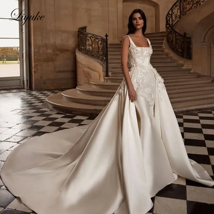Liyuke Custom Made Beauty Embroidery Lace Square Collar 2 In 1 Mermaid Wedding Dresses With Removable Train Luxury Bridal Gowns