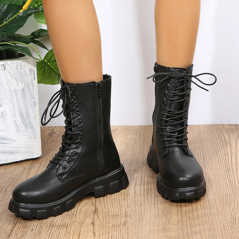 Boots Women 2022 Autumn Winter PU Leather White Ankle Boots Motorcycle Botines Female Chunky Heels Platform Boots Botas Mujer