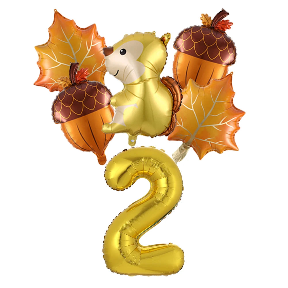 6Pcs Autumn Forest Animals Kids Birthday Party Decoration Squirrel Pine Cone Foil Balloon With 0-9 Number Ball Thanksgiving Gift
