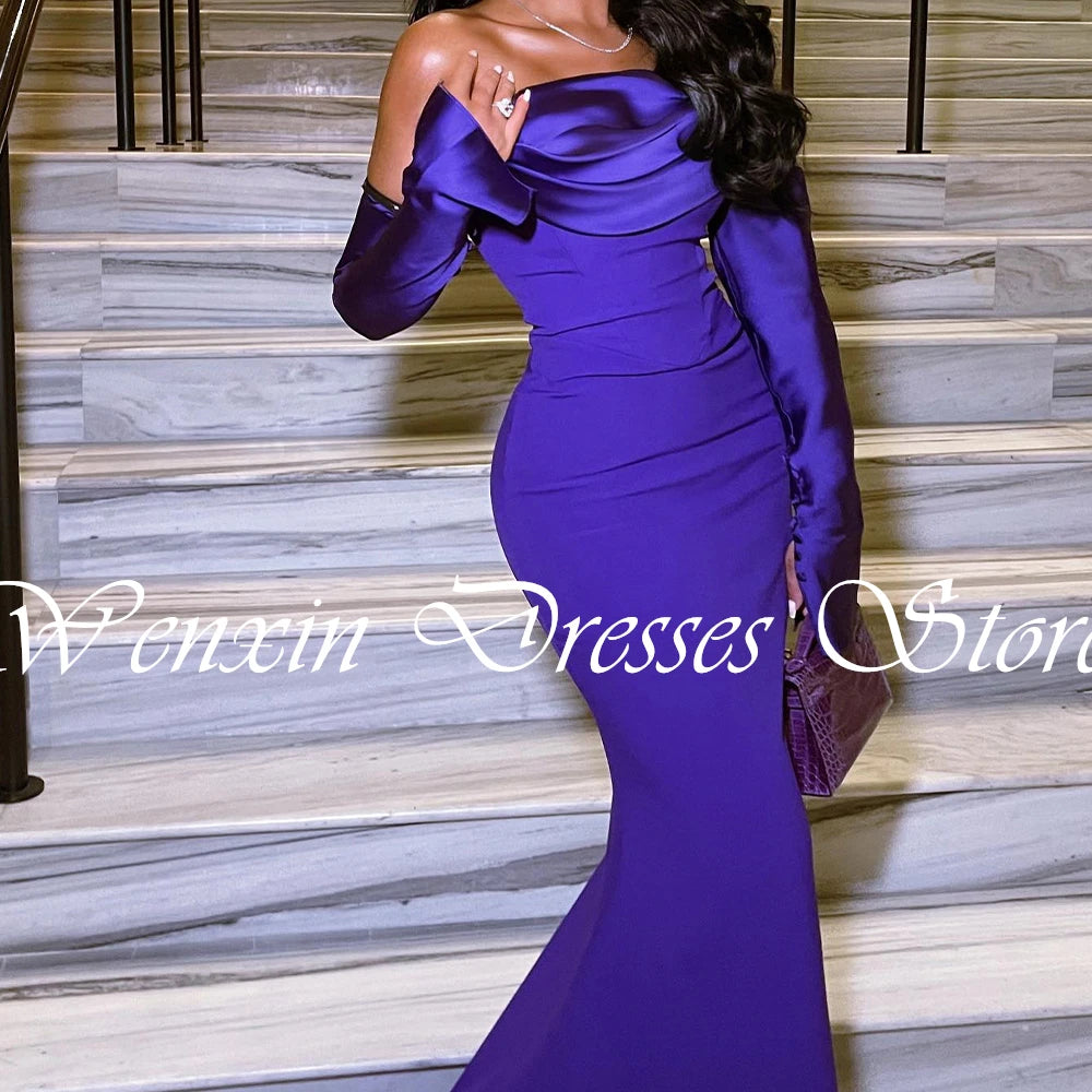 Formal Purple Jersey Mermaid Detachable Sleeve Evening Dress Sweep Train Strapless Pleats Zipper Back Long Sleeves Flo