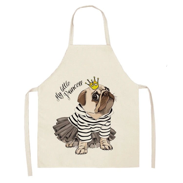 Cute Dog Pug Pattern Cotton Linen Sleeveless Chef Apron Kitchen Aprons Women Home Cooking Baking Waist Bib Pinafore 55x68cm