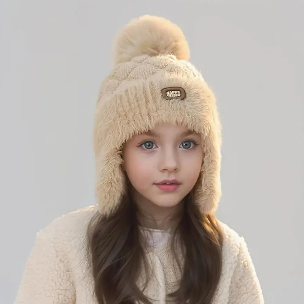 Kids Winter Hat with Ear Flaps Hat with Furry Pom-Pom & Plush Lining - Soft Warm Beanie for Boys & Girls for & 4-10 Y