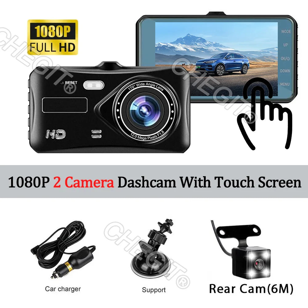 Touch Screen Dual-Lens Car DVR 4-inch 1080P Dash Cam for Cars Video Recorder Optional Rear View Camera 24H Parking Monitor