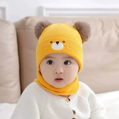 Baby Knitted Hat Set with Embroidered Face and Pom-Poms Hand-Washable Baby Hat and Scarf Set Perfect for Fall and Winter