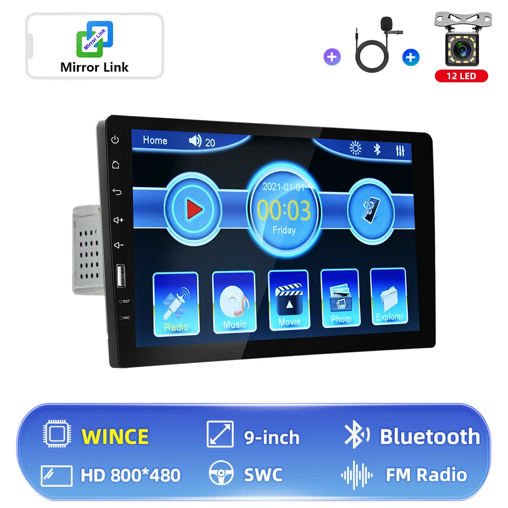 Hikity 9" Touch Screen Universal 1 din Car MP5 Player Bluetooth FM Radio Receiver Autoradio Support Rear View Camera TF/USB