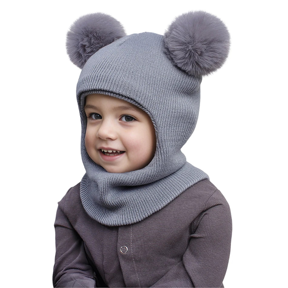 Kids Yarn Knit Balaclava Cap Autumn Winter Pullover Ear Protection Double Ball One-piece Baby Christmas Gift Hat